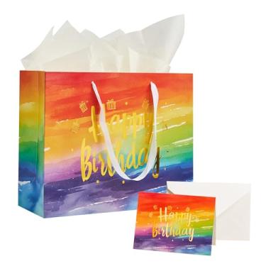 Imagem de RACETOP Bolsa grande de presente de feliz aniversário de 33 cm com alça, papel de seda e cartão para meninas, crianças, mulheres, aniversário