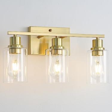 Imagem de Jodauirt Arandelas de parede modernas de 3 luzes douradas para banheiro, luzes de parede de latão escovado com persianas de vidro transparente, iluminação de parede de fazenda para corredor, sala de