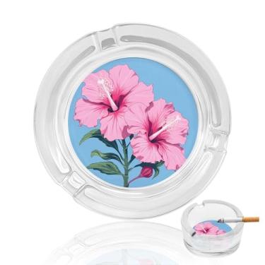 Imagem de Cinzeiro de vidro de cristal de duas flores de hibisco, cinzeiro redondo de vidro resistente para fumar cinzeiro portátil decorativo moderno para uso em casa, escritório, interior, exterior, pátio