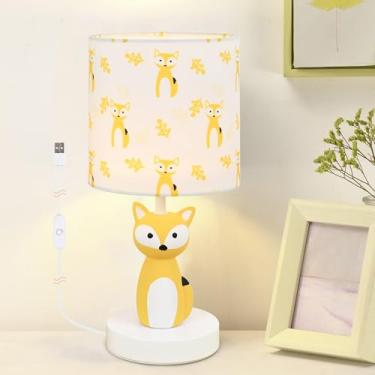 Imagem de Lampwell Candeeiro de mesa Fox LED com porta USB DC5V, luminária de mesa amarela infantil, luz noturna para quarto de crianças, berçário, quarto, balcão de cozinha, sala de jogos, Φ14 × A 30 cm, feito