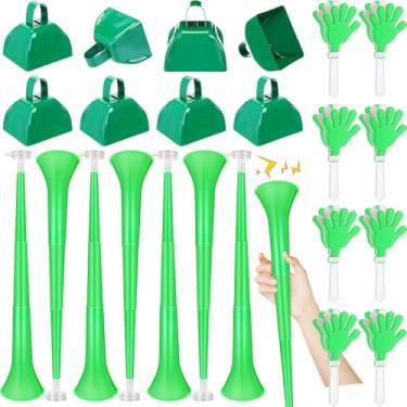 Imagem de Jenaai 24 Pcs Collapsible Stadium Horn Hand Clappers Metal Cowbells 24 Inch Vuvuzela Horn Plastic Trumpet Cheering Clappers Loud Call Bell for Sporting Events Graduation School Sports Party(Green)