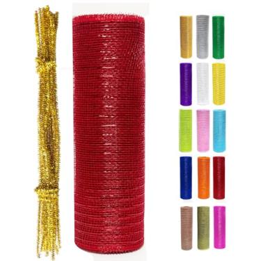 Imagem de Rolo de fita de malha decorativa metálica vermelha 25,4 cm x 9,1 m (10 jardas) para árvore de Natal, grinaldas, grinaldas, guirlandas, decorações de fim de ano, papel alumínio com glitter, embrulho de