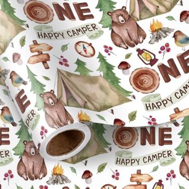 Imagem de LeZakaa Rolo de papel de embrulho de 1º aniversário para meninos, uma barraca de acampamento feliz com ícones da floresta, embrulho para presente de 1 ano de idade para bebê, chá de bebê, mini rolo de