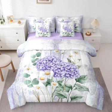 Imagem de Erosebridal Conjunto de cama casal com estampa de hortênsia em aquarela com 7 peças, pintura a óleo, abstrata, casa de fazenda, rústico, conjunto de edredom com lençol ombré, violeta, roxo e branco