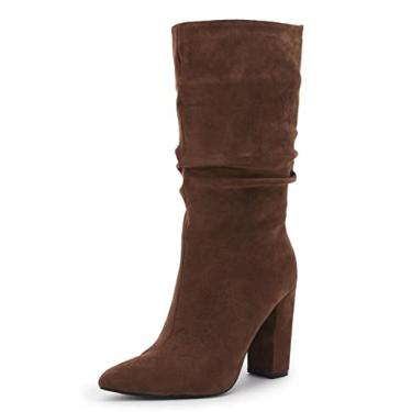 Imagem de Botas femininas de salto alto despojadas para o inverno, cano médio de camurça, sem cadarço, bico fino, Café, 7.5