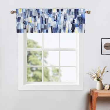 Imagem de Uiiooazy Saia abstrata moderna para cozinha, azul real, pintura a óleo, pequena cortina, 132 x 45 cm, para sala de estar, quarto, banheiro, listras, varão, bolso, tratamentos de janela, 1 painel