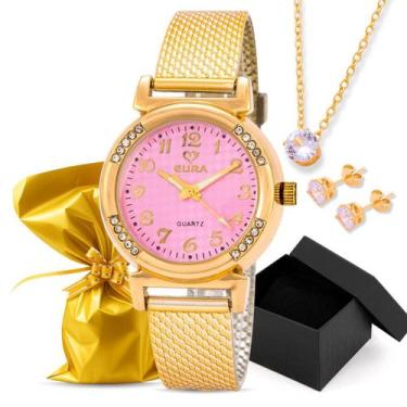 Imagem de Kit Relógio Eura Silicone Dourado + Colar e Brinco, Rosa