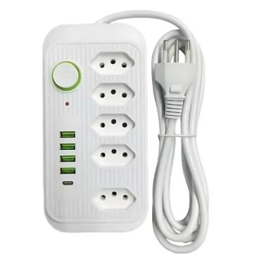 Imagem de Extensão, Filtro de Linha, Régua de Tomada, Régua de Energia, 5 Tomadas, 4 Interfaces USB, 1 Porta USB Tipo-C, Cabo de Alimentação de 3 Metros, Suporte a Tensão de 110-220V, Potência de 2500W Premium