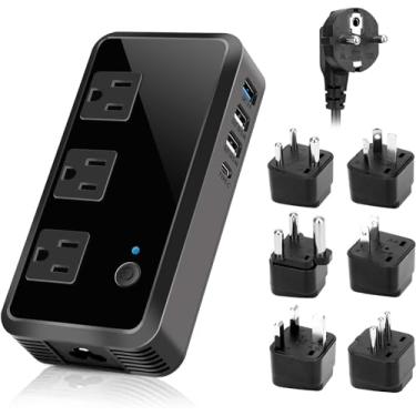 Imagem de Conversor de voltagem 2300 W 220 V para 110 V adaptador universal de viagem/conversão de energia com 3 portas USB, 3 tomadas CA, 1 tipo C na UE/Reino Unido/AU/EUA/IT/África do Sul, mais de 150 países em todo o mundo (preto)