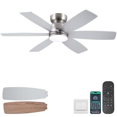 Imagem de Kviflon Ventiladores de teto de 117 cm com luzes e controle remoto/aplicativo, ventilador de teto de perfil baixo com luz, montagem embutida, 3 CCT, 6 lâminas reversíveis, ventilador de teto moderno