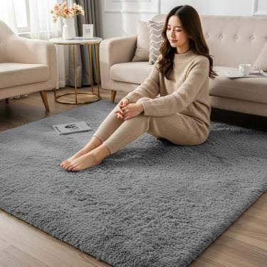Imagem de Tapete Felpudo 100 x 130 cm Cinza Liso Shaggy Macio Antiderrapante | Decorativo para Sala de Estar Quarto Corredor Escritório | Peludo Confortável Moderno Aconchegante Fácil de Limpar (Cinza)