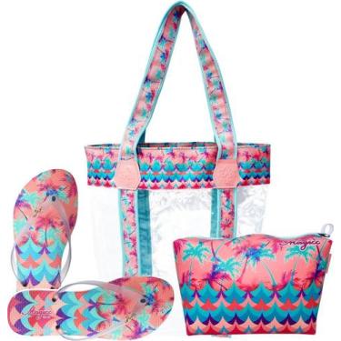 Imagem de Kit Feminino Praia Transparente Coqueiros Chinelo Necessaire Magicc Bo