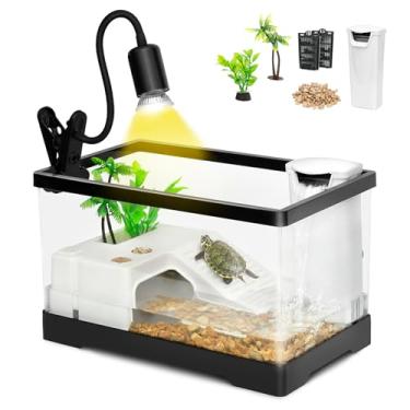 Imagem de AZV Kit de tanque de tartaruga, kit de tanque de tartaruga, aquário deslizante de orelhas vermelhas extragrande, habitat aquático de tartaruga para bebês para peixes e anfíbios, 2 plantas, 1 lâmpada