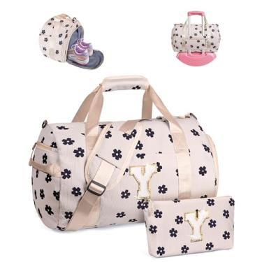 Imagem de Vogewood Presente para crianças de 3, 4, 5, 6, 7, 8, 9, 10, 11 e 12 anos, bolsa de ginástica, bolsa de viagem inicial com bolsa de maquiagem, Flor bege, Y