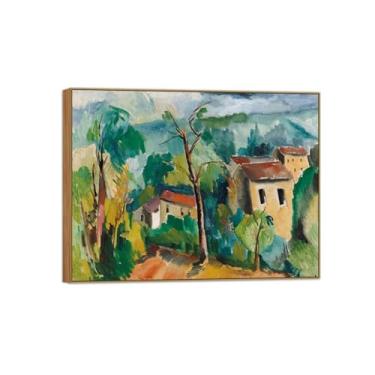 Imagem de BMZFYBS Pôster e impressões de arte famosa de paisagem - imagem de decoração de parede em tela - paisagem com telhados vermelhos - pintura de moldura de madeira para casa 60 x 80 cm 24 x 31 pol