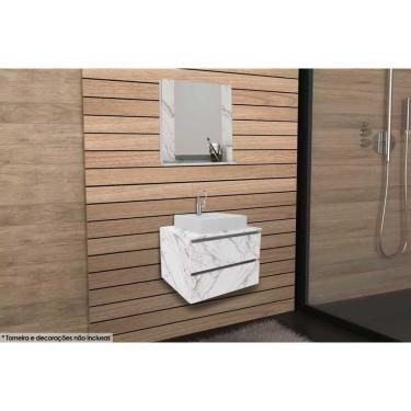 Imagem de Conjunto de Banheiro Balcão Suspenso BN3607 c/ Cuba BN3600 60cm e Armário c/ Espelho BN3610 Mármore Branco - Tecno Mobili