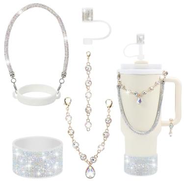 Imagem de Conjunto de acessórios de copo Stanley com strass, capa de canudo brilhante de 1 cm, alça de alça de garrafa, pingentes de glitter, bota de silicone, 850 a 1,134 g (strass AB, serve para copo Stanley