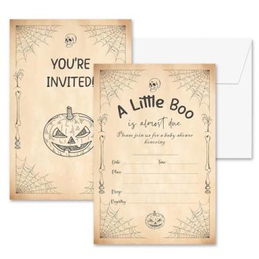 Imagem de seclate Convites de chá de bebê para meninos e meninas, 10 x 15 cm, convites de revelação de gênero A Little Boo para suprimentos de decoração de festa de abóbora assustadora (25 peças) - B09
