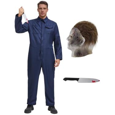 Imagem de Fantasia de assassino de Halloween com máscara de faca para adultos, fantasias assustadoras de Halloween, macacão de terror e cosplay, Azul, XXG