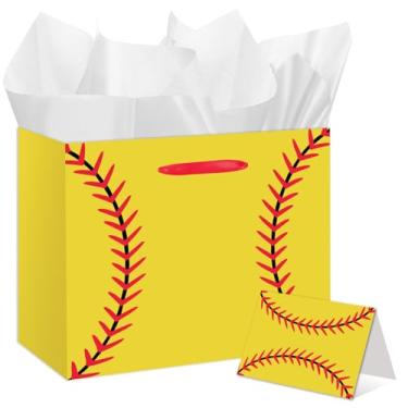 Imagem de Bolsa de presente amarela de softball, grande, temática esportiva, presente de aniversário com papel de seda e cartão comemorativo - lembrancinhas de festa de equipe para meninas e mulheres - Bolsas