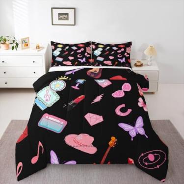 Imagem de Conjunto de cama Queen, moderno, para crianças, meninas, guitarra, borboleta, preto, para decoração de quarto de meninos, meninas, adolescentes, conjunto de edredom de música rock, instrumentos de