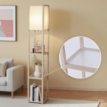 Imagem de MITELSON Luminária De Chão Com Prateleiras, Luminárias Prateleira Modernas Lâmpada Led, Canto Prateleiras Vidro, Exposição Luz, Pé Para Sala Estar, Quarto, Escritório - Madeira Rústica