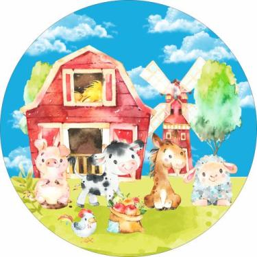Imagem de Painel de Lona Redondo Fazendinha Aquarela Animais Céu Azul - Fabrika 