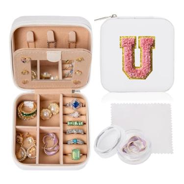 Imagem de Ulico Estojo de joias de viagem – pequena caixa organizadora com espelho, suporte para mulheres, meninas, amigas, irmã, presente de aniversário, letra U branca