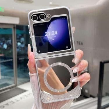 Imagem de Capa magnética de carregamento sem fio para Samsung Galaxy Z Flip 6 5 4 3, espelho de maquiagem, diamantes brilhantes, capa rígida à prova de choque, prateada, para Samsung Galaxy Z Flip6