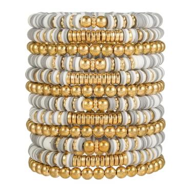 Imagem de HYHONEY Pulseiras de amizade com contas Heishi pulseiras fofas pulseiras de vinil argila disco contas surfista elástico verão praia pulseiras para mulheres, One Size, Pedra, argila