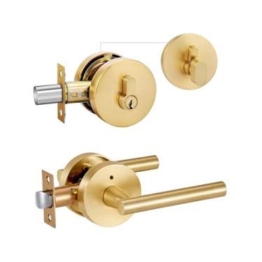 Imagem de Lethato Conjunto de maçanetas e fechaduras douradas, conjunto de fechadura de porta frontal resistente, maçaneta de porta externa fechadura redonda de chave única (1 pacote)