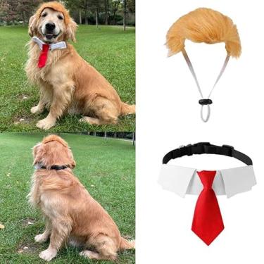 Imagem de Fantasia de animal de estimação, peruca loira com gravata: fantasia de cosplay de gato cachorro com coleira e gravata para cabeça brinquedo para Halloween, Natal, festas, festivais (G)
