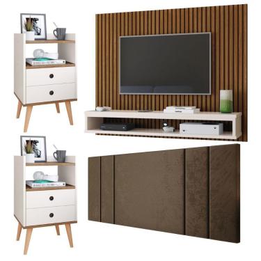 Imagem de Painel Suspenso TV Até 50 Polegadas Cissa Sala Cabeceira Estofada Cama Box Casal 1,40 Luana Kit 2 Mesinhas Retrô Gavetas Nicho Dream Quarto - RPM