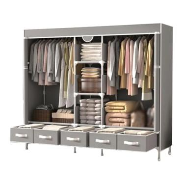 Imagem de YPDJVLTI Armário portátil guarda-roupa portátil com gaveta caixa armário de roupas 130 cm/150 cm/185 cm armário de aço para quarto pendurado pano guarda-roupa espaçoso