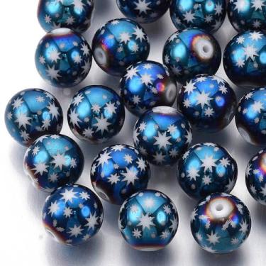 Imagem de Elecrelive 20 peças de contas de vidro com padrão de estrela banhada a azul 10 mm contas redondas de Natal para colar, pulseira, brinco, lembrancinha de festa de Natal