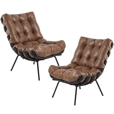 Imagem de Kit 02 Poltronas Decorativas Sala de Estar Costela Preto L04 Couro Mel - Lyam Decor