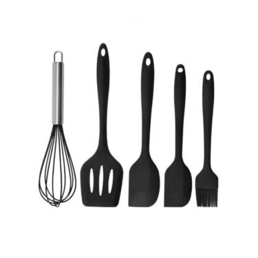 Imagem de Kit Utensílios de Cozinha em Silicone 5 Peças – Resistente ao Calor, Antiadherente – Conjunto Completo para Preparar Receitas com Praticidade (preto)