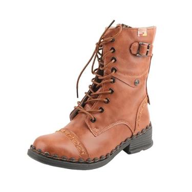 Imagem de TMA EYES Sapatilha feminina clássica com cadarço e forro respirável com zíper e botas de cano médio costuradas à mão, Marrom claro, 40
