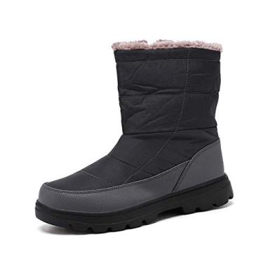 Imagem de Bigfanshu Botas masculinas de lona à prova d'água com pele e botas de neve quentes para uso ao ar livre tênis macio caminhada moda masculina cano médio para uso ao ar livre botas de neve sem cadarço e sem cadarço, Cinza, 9 Wide