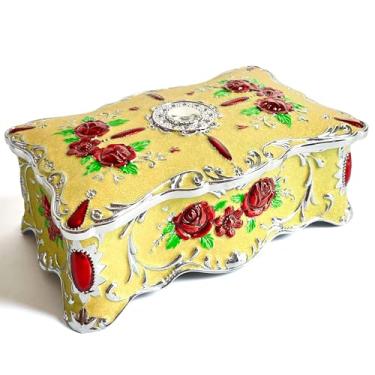 Imagem de Baú de joias rosa estilo pastoral caixa de metal bugiganga vintage bandeja de armazenamento de pedras preciosas lembrança de tesouro estojo de presente para meninas mulheres (amarelo cromado estrela