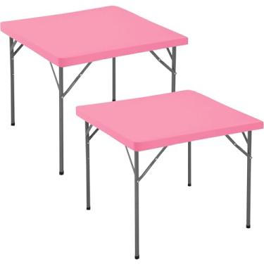 Imagem de Enjoyidea Toalha de mesa quadrada ajustada 86 x 86 cm - pacote com 2 capas de mesa de elastano elástico rosa - toalhas de mesa dobráveis para cartões pequenos elásticos para cozinha, jantar,