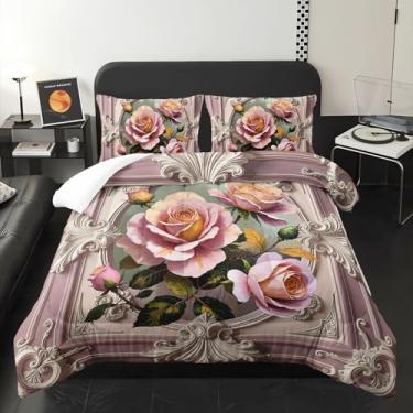 Imagem de lneffble Conjunto de edredom Queen com flores rosa e branco, para crianças, tamanho Queen