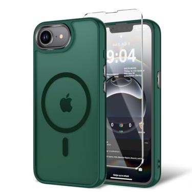 Imagem de BPOASE Capa para iPhone 16E com protetor de tela, [compatível com Magsafe] Capa de telefone ultrafina translúcida fosca à prova de choque - verde escuro
