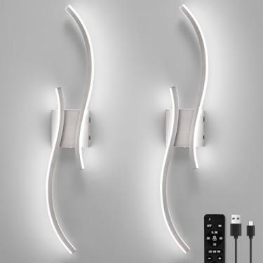Imagem de Conjunto de 2 arandelas de parede operadas por bateria, luz de parede recarregável regulável com controle remoto, luz de parede LED de níquel escovado sem fio para sala de estar quarto corredor, 80 cm