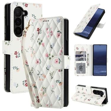 Imagem de Capa carteira para Samsung Galaxy Z Fold 6 com alça de pulso removível - couro sintético e TPU, fecho magnético, 3 compartimentos para cartão, bolso para dinheiro, suporte, à prova de choque, estampa