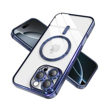 Imagem de BOBULIER Capa transparente magnética para iPhone 16 Pro com capa de câmera completa | Compatível com MagSafe | TPU antiamarelamento e moldura brilhante, ajuste fino à prova de choque - azul marinho