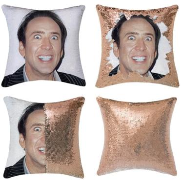 Imagem de Kiuree Nicolas Cage Fronhas de Lantejoulas Presentes Engraçados Capa de Almofada de Lantejoula Reversível Capa de Almofada Decorativa 40,6 x 40,6 cm, Dourado