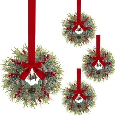 Imagem de Guirlanda de Natal artificial de 4 peças para porta da frente com pinhas, cachos de frutas silvestres, ramos foscos para armário de casamento, janela, parede de casa, decoração interna