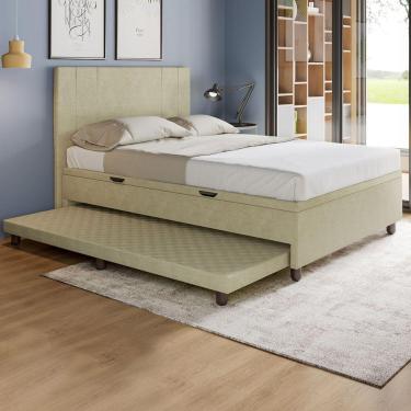 Imagem de Base Cama Baú Casal Com Cama Auxiliar C/colchão Conjugado Veludo - Skybox Cor Bege