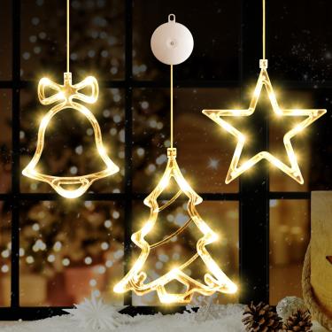 Imagem de LYUBASA [Temporizador] 3 peças de decoração de luzes de Natal, janela de Natal alimentada por bateria pendurada branca quente sino de árvore em forma de estrela, sugador de LED para decoração interna